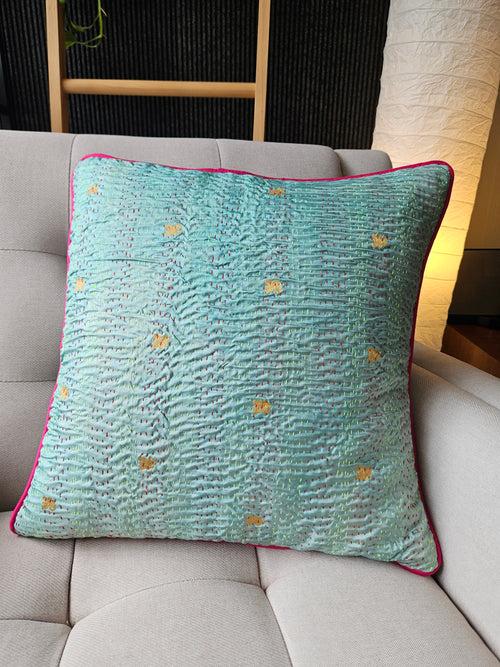 Set of 2, Turquoise Vintage Sari Kantha Patchwork Cushion Cover, 45 x 45 cm