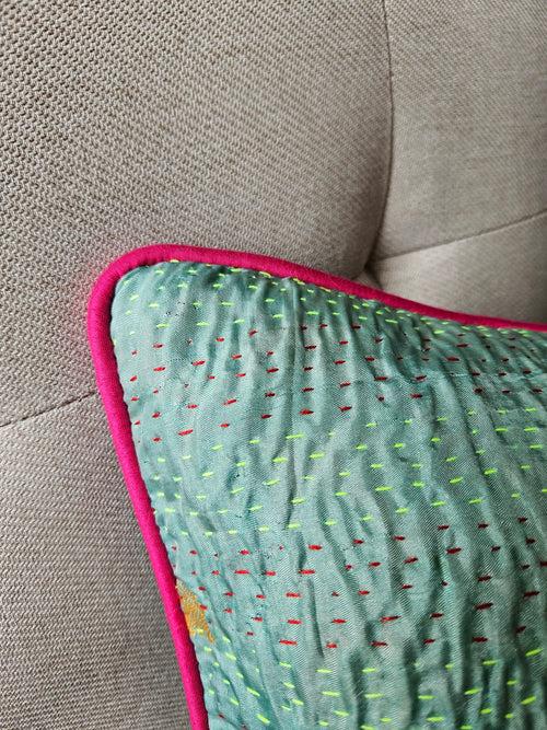 Set of 2, Turquoise Vintage Sari Kantha Patchwork Cushion Cover, 45 x 45 cm