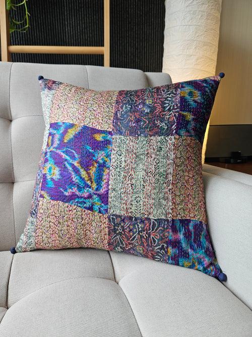 Set Of 2, Vintage Sari Kantha Patchwork Cushion Cover, 40 x 40 cm