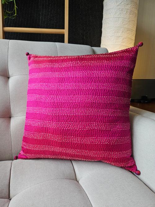 Red & Rani Pink Vintage Sari Kantha Patchwork Cushion Cover, 40 x 40 cm