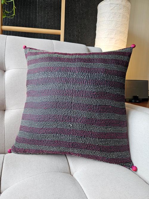 Black & Plum Vintage Sari Kantha Patchwork Cushion Cover, 40 x 40 cm