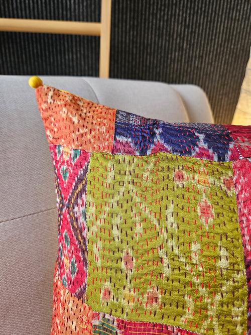 Bright Vintage Sari Kantha Patchwork Cushion Cover, 45 x 45 cm