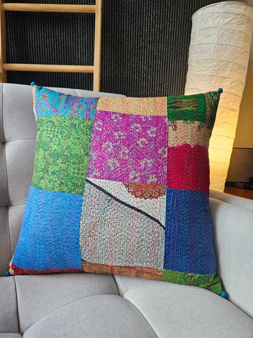 Bright Vintage Sari Kantha Patchwork Cushion Cover, 45 x 45 cm