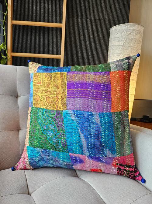 Bright Vintage Sari Kantha Patchwork Cushion Cover, 50 x 50 cm