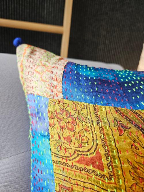 Bright Vintage Sari Kantha Patchwork Cushion Cover, 50 x 50 cm