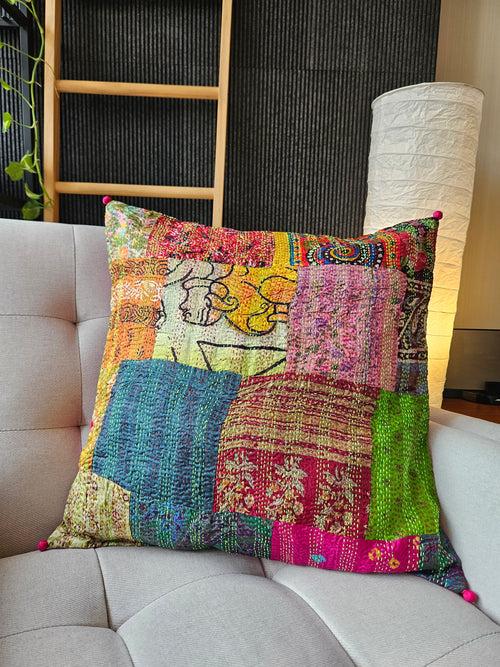 Bright Vintage Sari Kantha Patchwork Cushion Cover, 50 x 50 cm