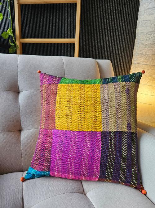 Bright Vintage Sari Kantha Patchwork Cushion Cover, 40 x 40 cm