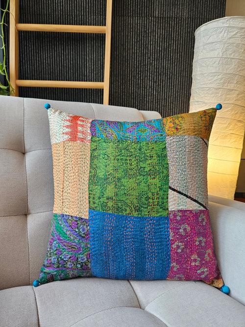 Bright Vintage Sari Kantha Patchwork Cushion Cover, 40 x 40 cm