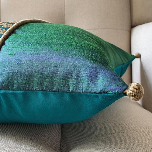 Beautiful Teal Brocade Silk Cushion Cover, 40 x 40cm