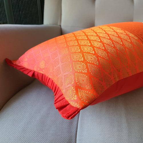 Patchwork Orange and Red Brocade Lumbar Pillow Cover