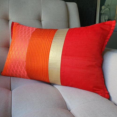 Patchwork Orange and Red Brocade Lumbar Pillow Cover