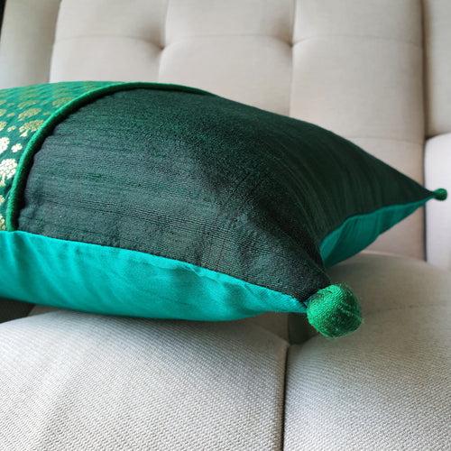 Beautiful Forest Green Brocade Silk Cushion Cover, 40 x 40cm