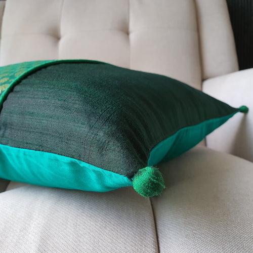 Beautiful Forest Green Brocade Silk Cushion Cover, 40 x 40cm