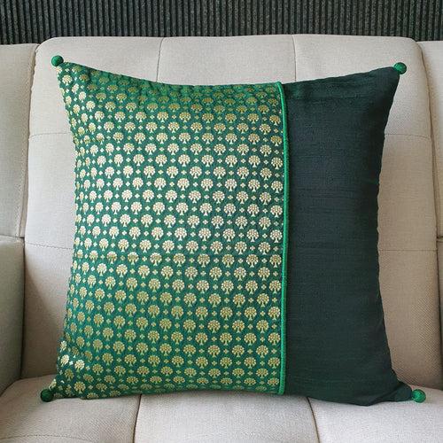 Beautiful Forest Green Brocade Silk Cushion Cover, 40 x 40cm