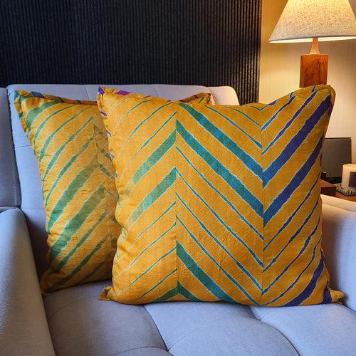 Yellow Leheria Dyed Silk Cushion Cover, Set of 2