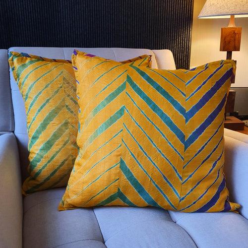 Yellow Leheria Dyed Silk Cushion Cover, Set of 2