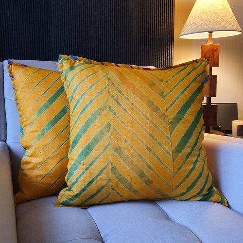 Yellow Leheria Dyed Silk Cushion Cover, Set of 2