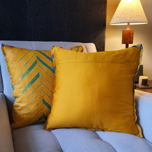 Yellow Leheria Dyed Silk Cushion Cover, Set of 2