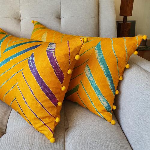 Yellow Leheria Dyed Silk Lumbar Cushion Cover, Set of 2