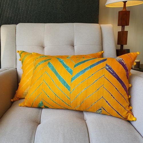 Yellow Leheria Dyed Silk Lumbar Cushion Cover, Set of 2