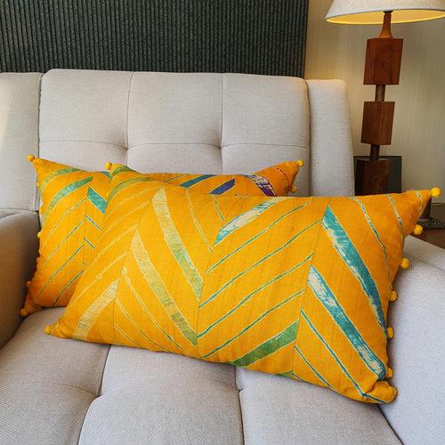 Yellow Leheria Dyed Silk Lumbar Cushion Cover, Set of 2