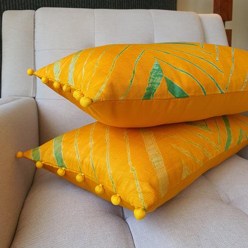 Yellow Leheria Dyed Silk Lumbar Cushion Cover, Set of 2