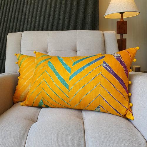 Yellow Leheria Dyed Silk Lumbar Cushion Cover, Set of 2