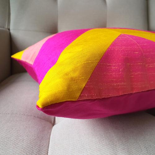 Pink & Yellow Chevron Pillow in Dupioni Silk