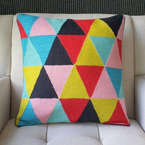 Triangles Multi Colour Embroidered Wool Cushion Cover