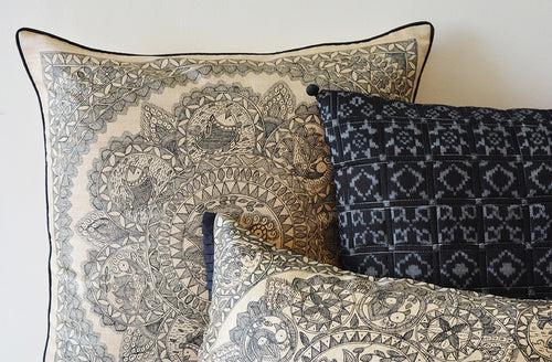 Black and Beige Hand Painted Madhubani Cushion Cover