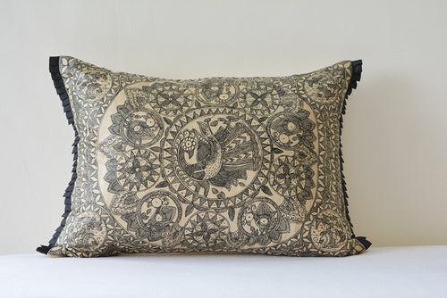 Black and Beige Hand Painted Madhubani Cushion Cover