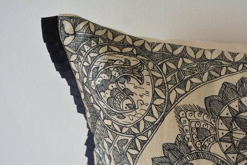 Black and Beige Hand Painted Madhubani Cushion Cover