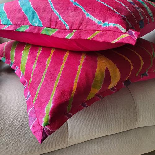 Pink Leheria Dyed Silk Cushion Cover, Set of 2