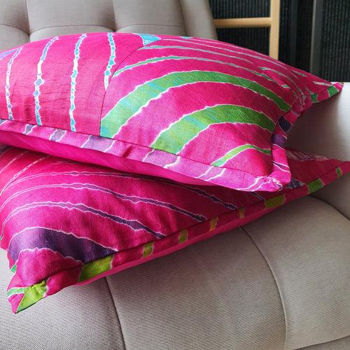 Pink Leheria Dyed Silk Cushion Cover, Set of 2