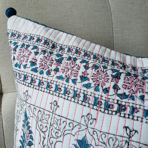 Teal & Pink Block Printed Cushion Cover