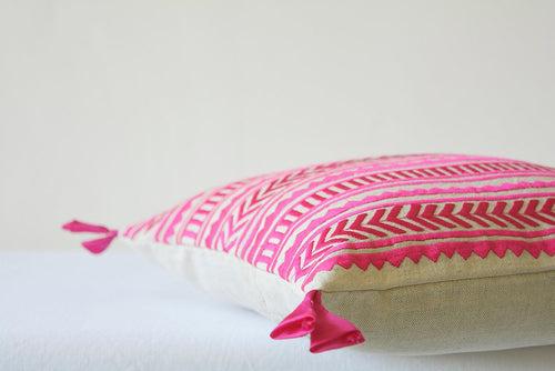 Beautiful Pink Embroidery on Natural Cotton Linen Pillow Cover