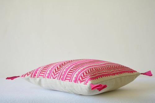 Beautiful Pink Embroidery on Natural Cotton Linen Pillow Cover