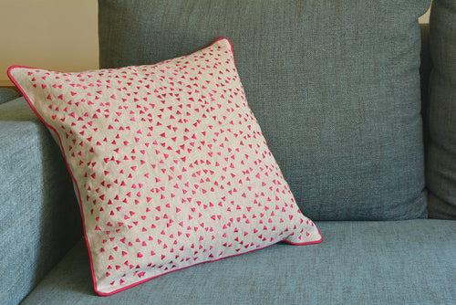 So Fun! Pink Triangle Confetti Embroidery on Linen Pillow Cover