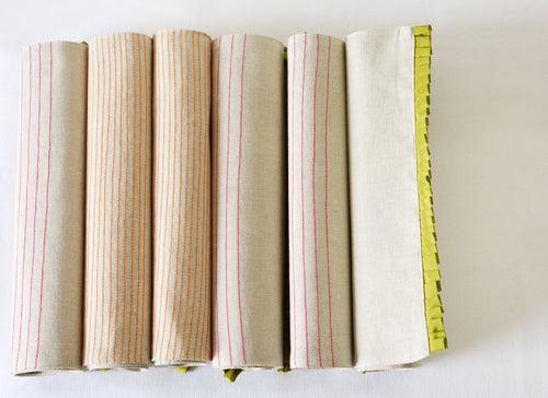 Set of 6 , Simple Ecru Cotton Linen Table Mats with Multi Colour Stitch Detail