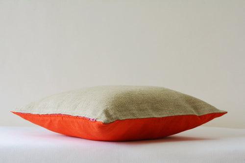 Dark Orange Dupioni Silk & Natural Linen Reversible Pillow Cover