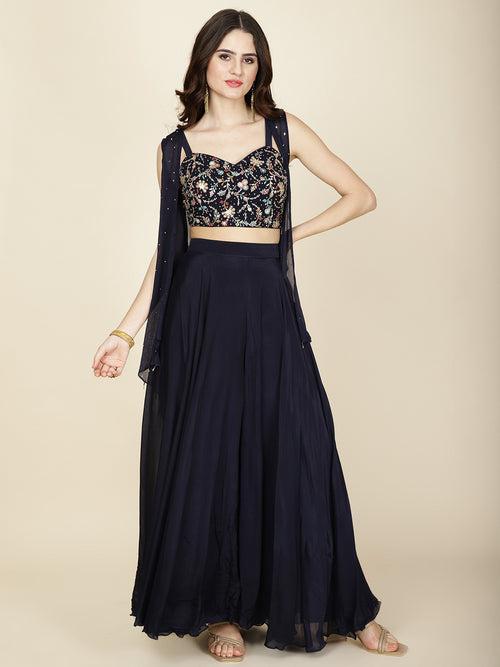 Resham Embroidered Crepe Crop Top With Sharara & Shrug