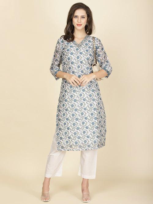 Floral Printed Chanderi Kurta With Pants