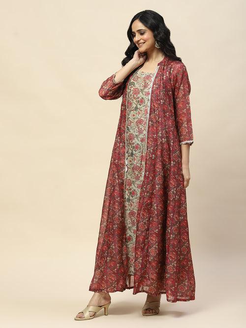 Floral Printed Cotton Gown Dress With Jacket