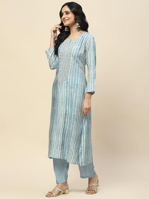 Neck Embroidered Printed Cotton Straight Kurta With Palazzo