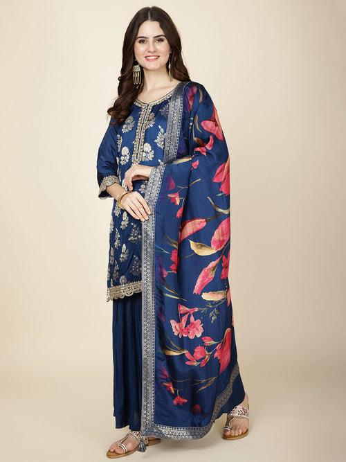 Zari Embroidery Woven Kurta With Garara & Dupatta