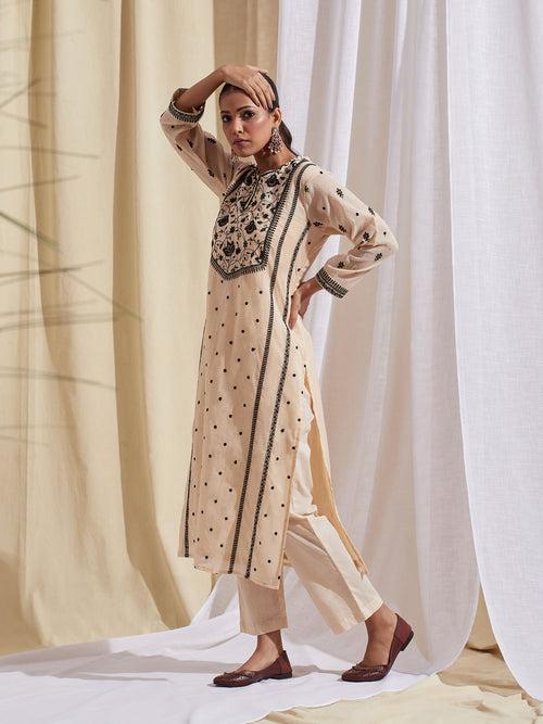 Thread Embroidered Cotton Straight Kurta With Pant