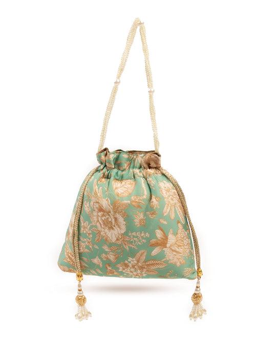 Floral Printed Green Potli Bag