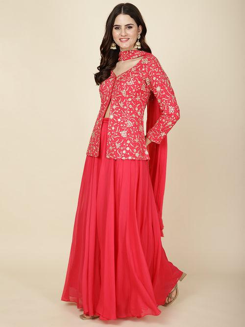 Zari Jaal Embroidered Georgette Jacket Style Top With Sharara & Dupatta