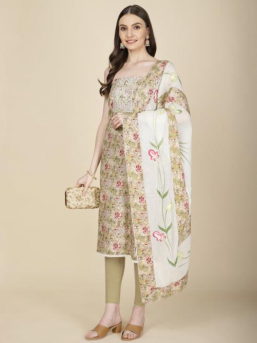 Neck Patti Cotton Unstitched Suit Piece With Dupatta