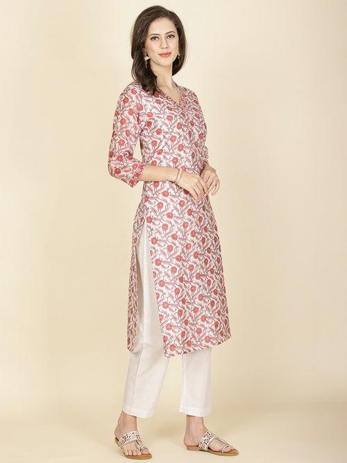 Floral Printed Chanderi Kurta With Pants